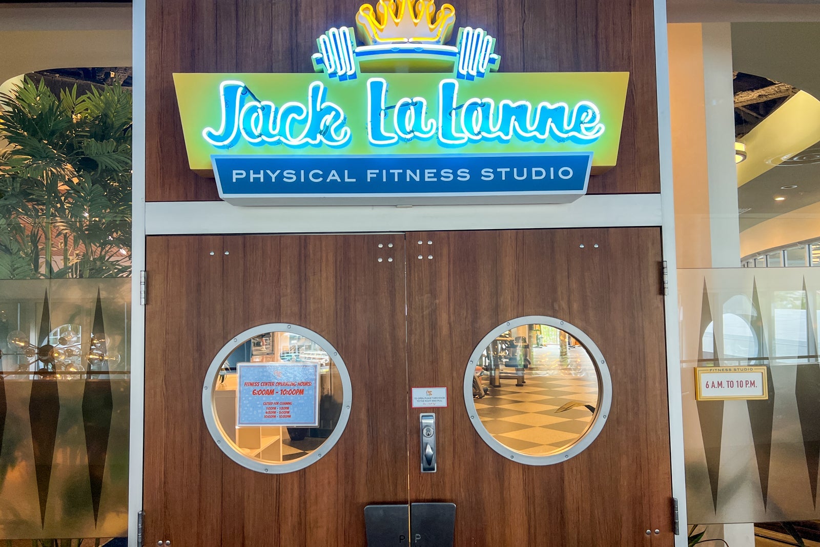 The doors to the Jack LaLanne gym at Universal's Cabana Bay Beach Resort.