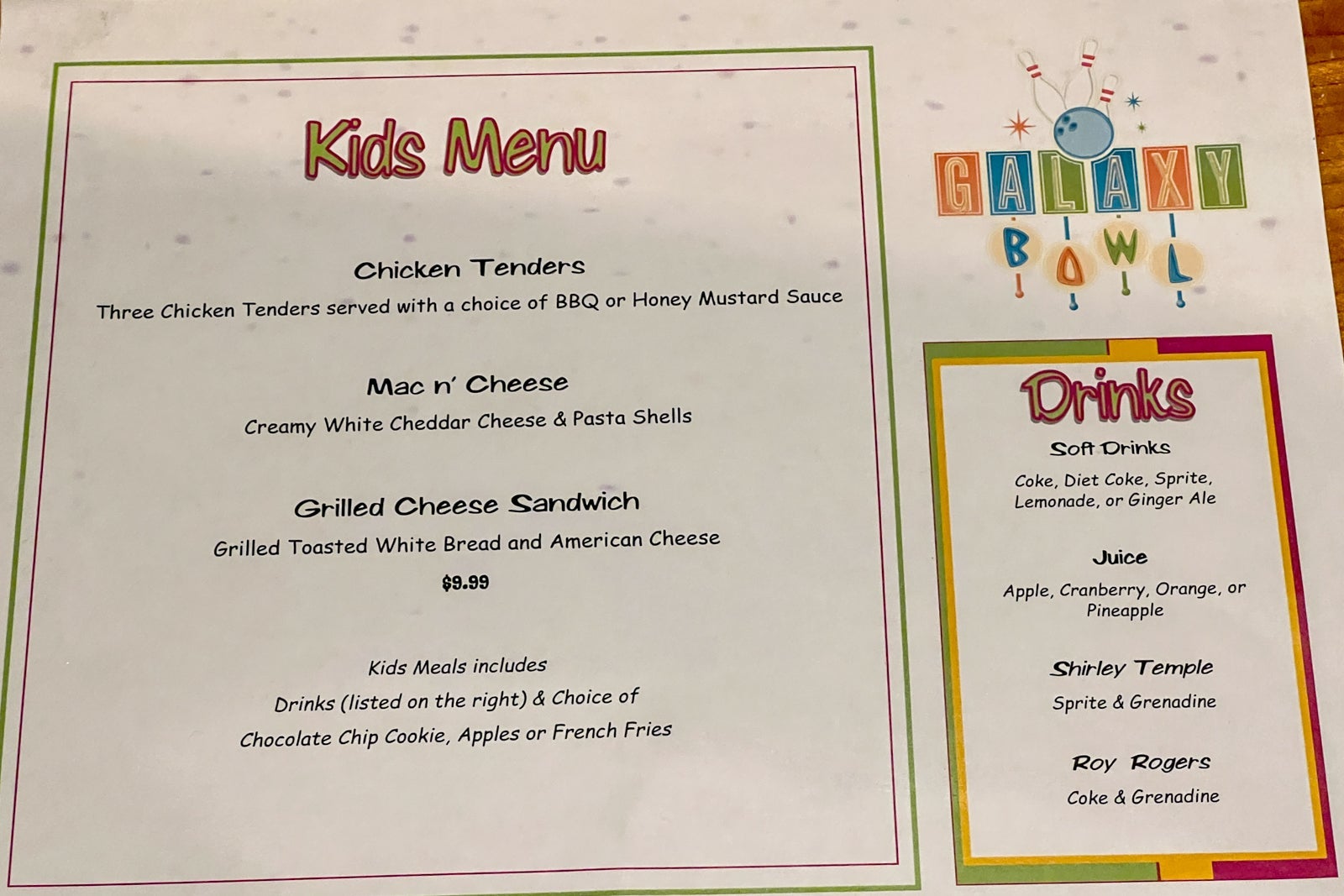 The kids menu, with prices, from the bowling alley.