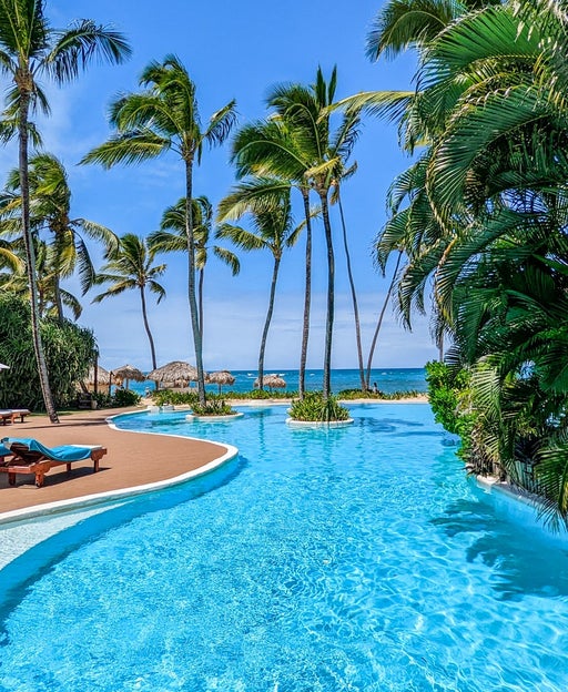 a tranquil hotel pool flanked by grass-thatch huts, palm trees and an ocean