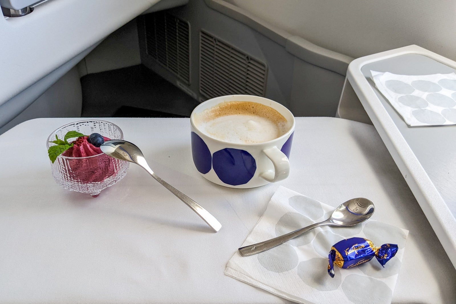 blackcurrant mousse and a latte