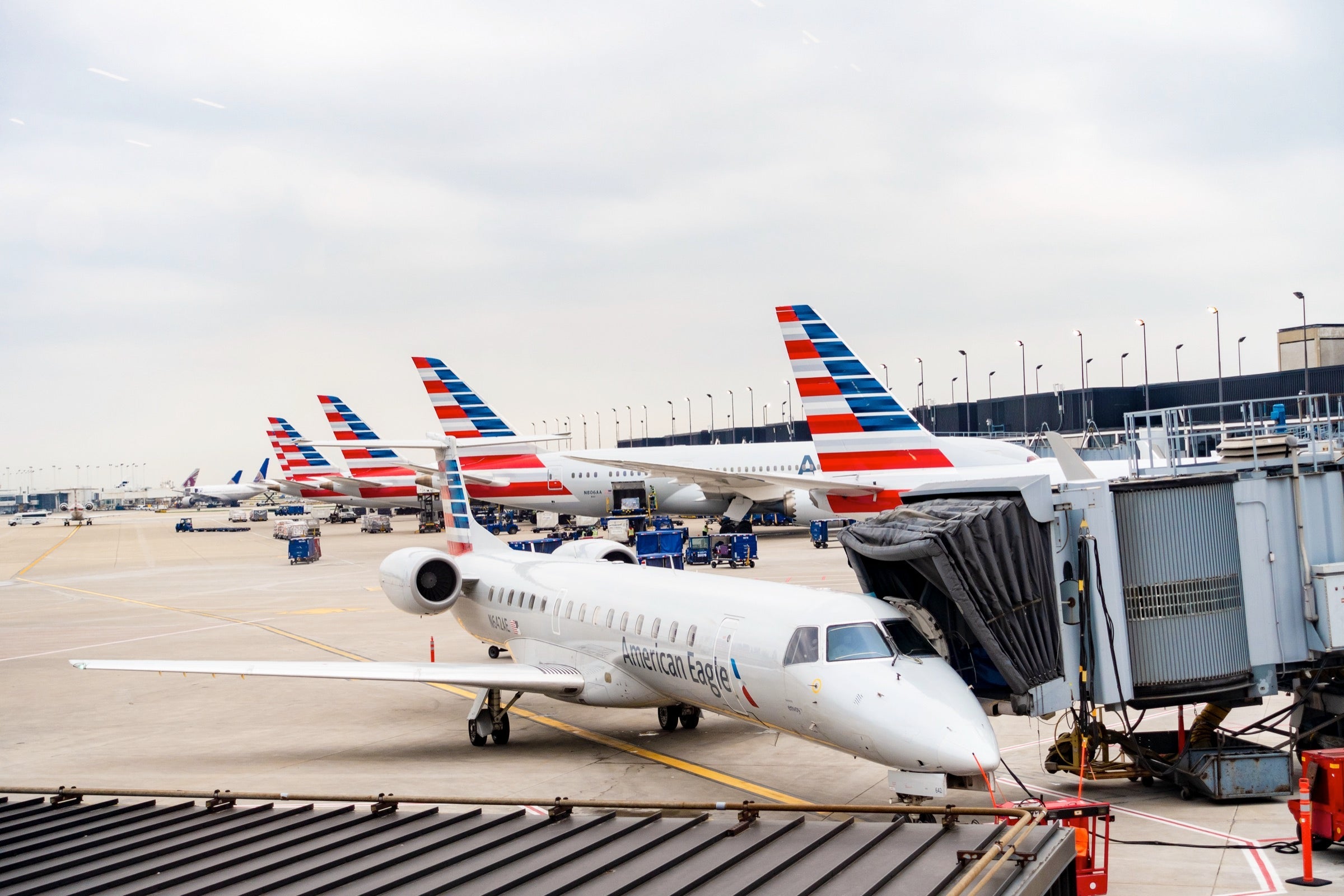 America Airlines planes at gates at O'Hare International Airport
