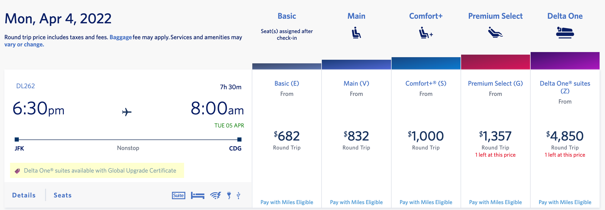 Delta JFK to CDG search results