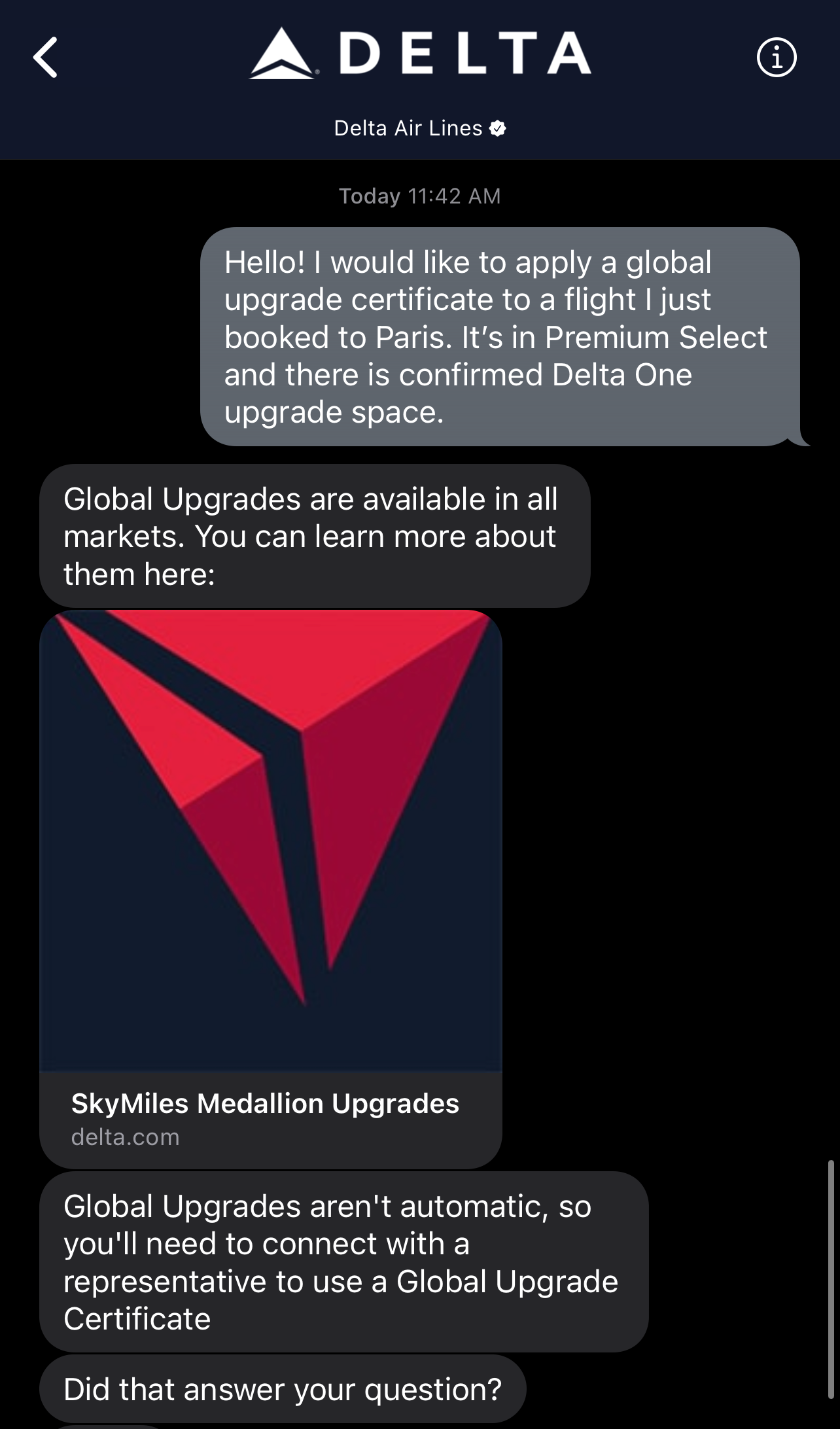 Delta iMessage chat bot