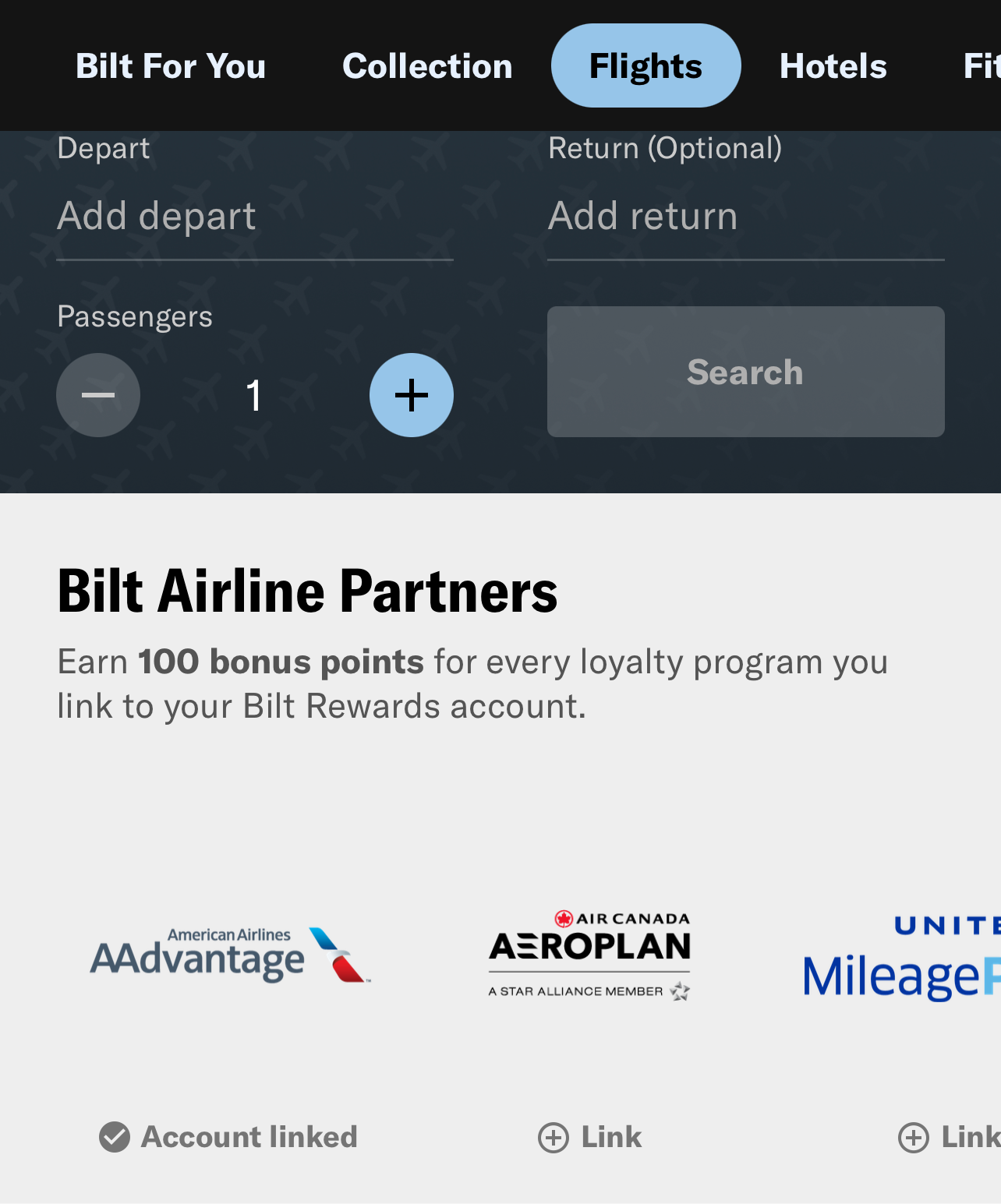 Flights screen in the Bilt app