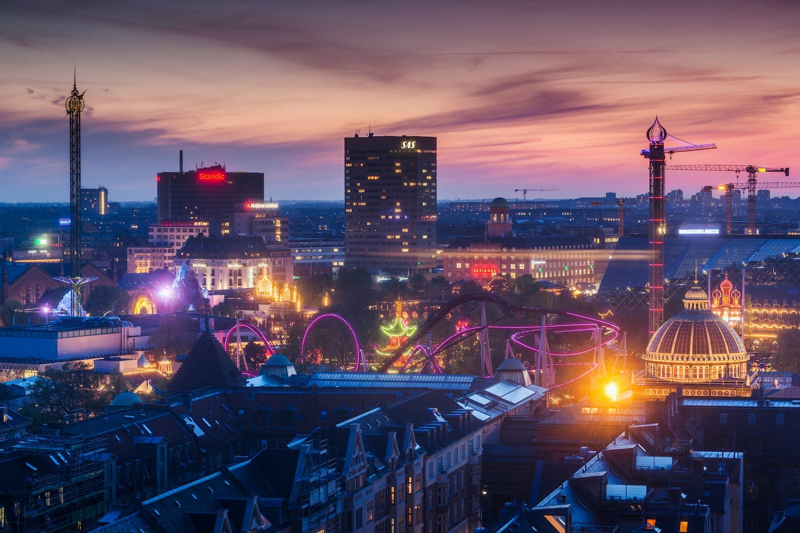 Tivoli Gardens at night in Copenhagen