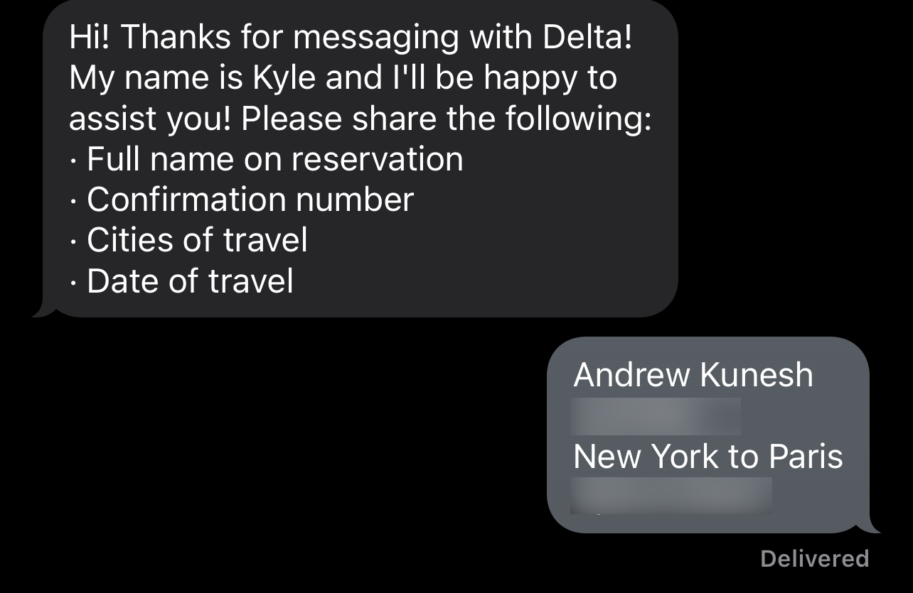 Giving Delta customer support representative ticket information via iMessage