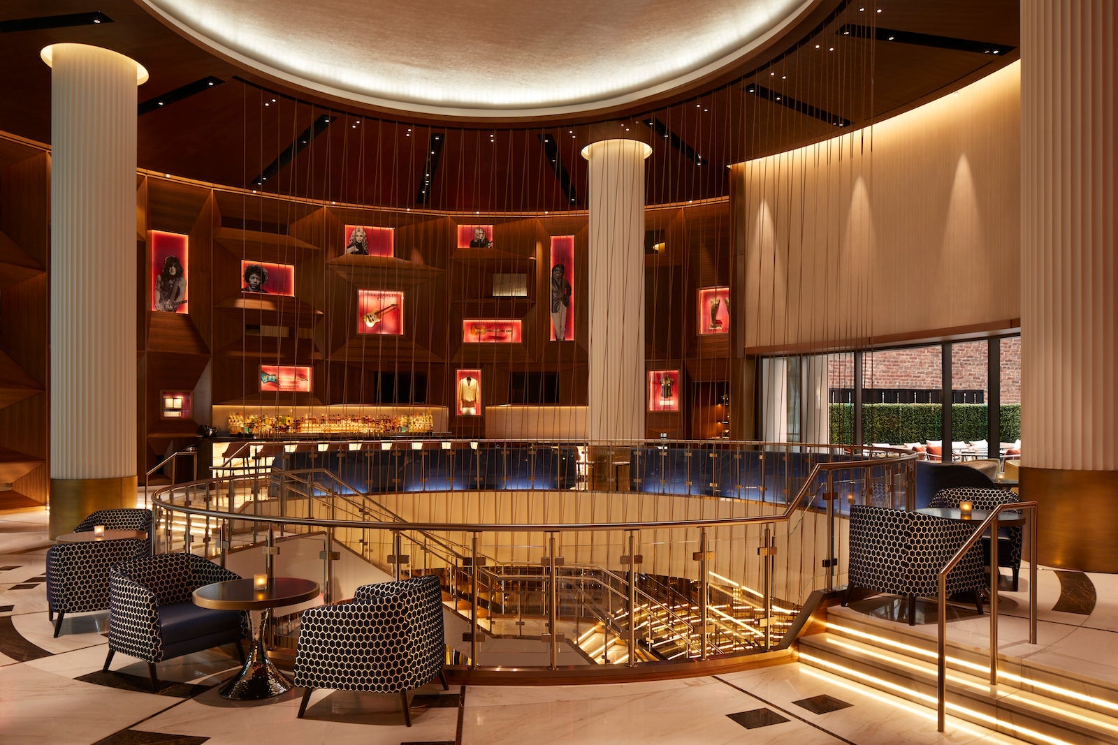 hotel lobby with large circular staircase