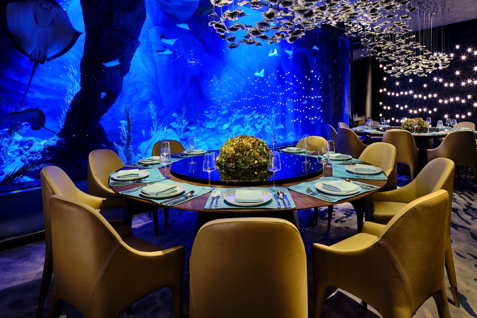 fancy restaurant with glass aquarium wall
