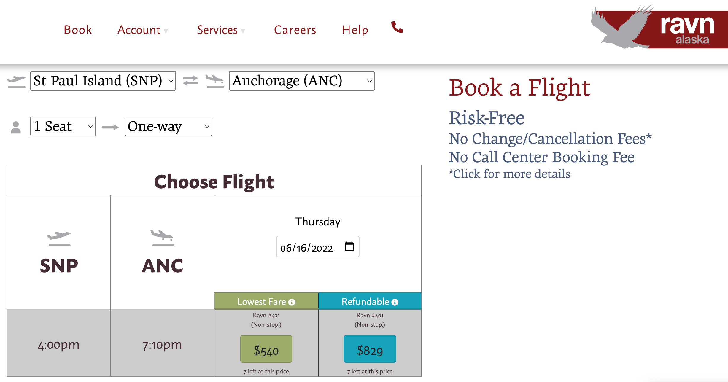 SNP to ANC booking on Ravn Alaska's website