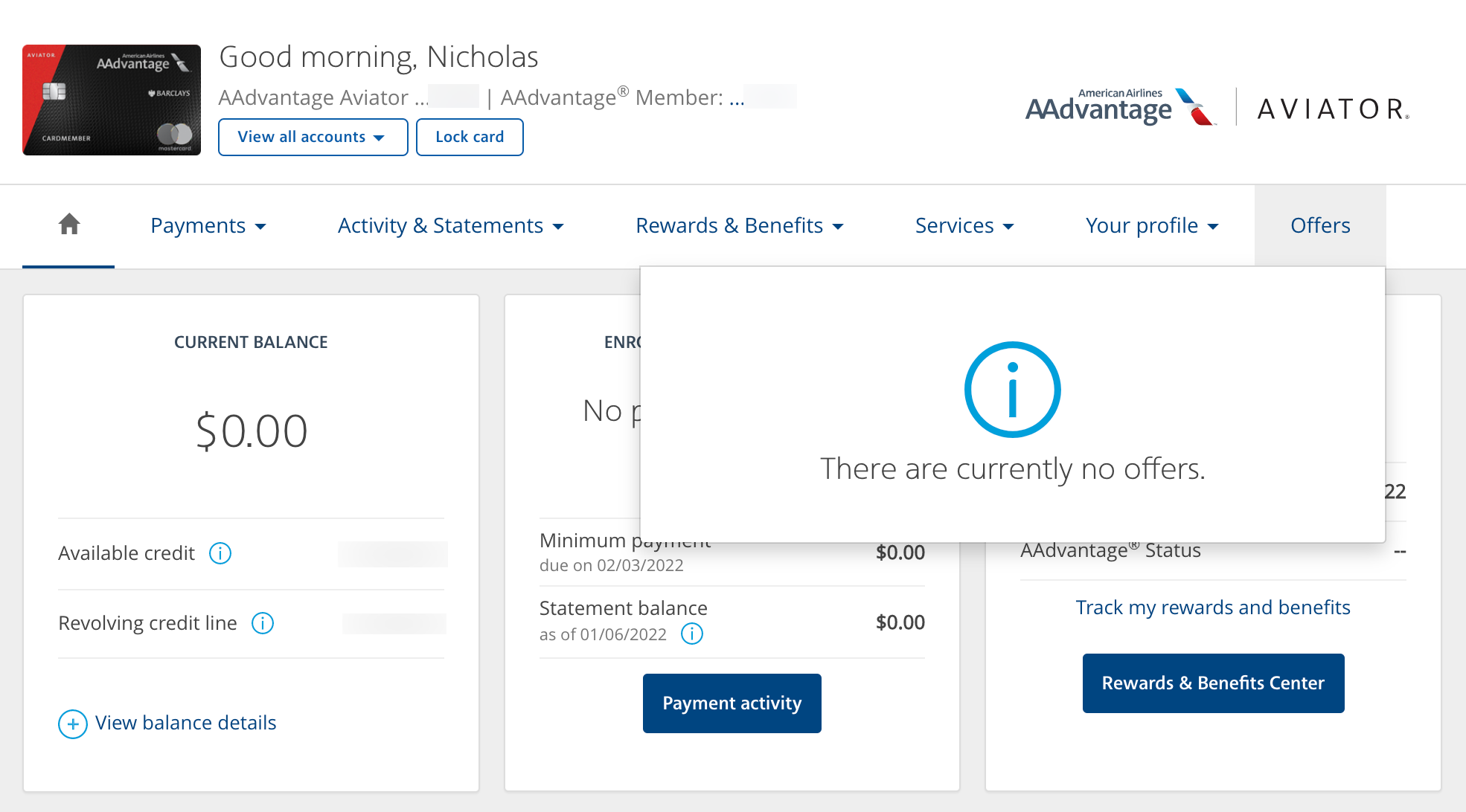 Online screen shot of an AAdvantage Aviator Red Mastercard with no bonus offer