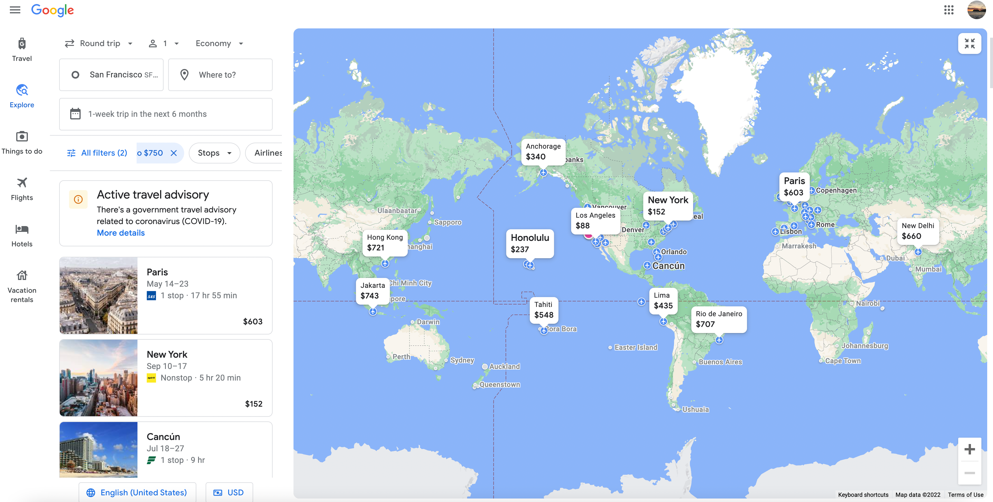 Google flights map view