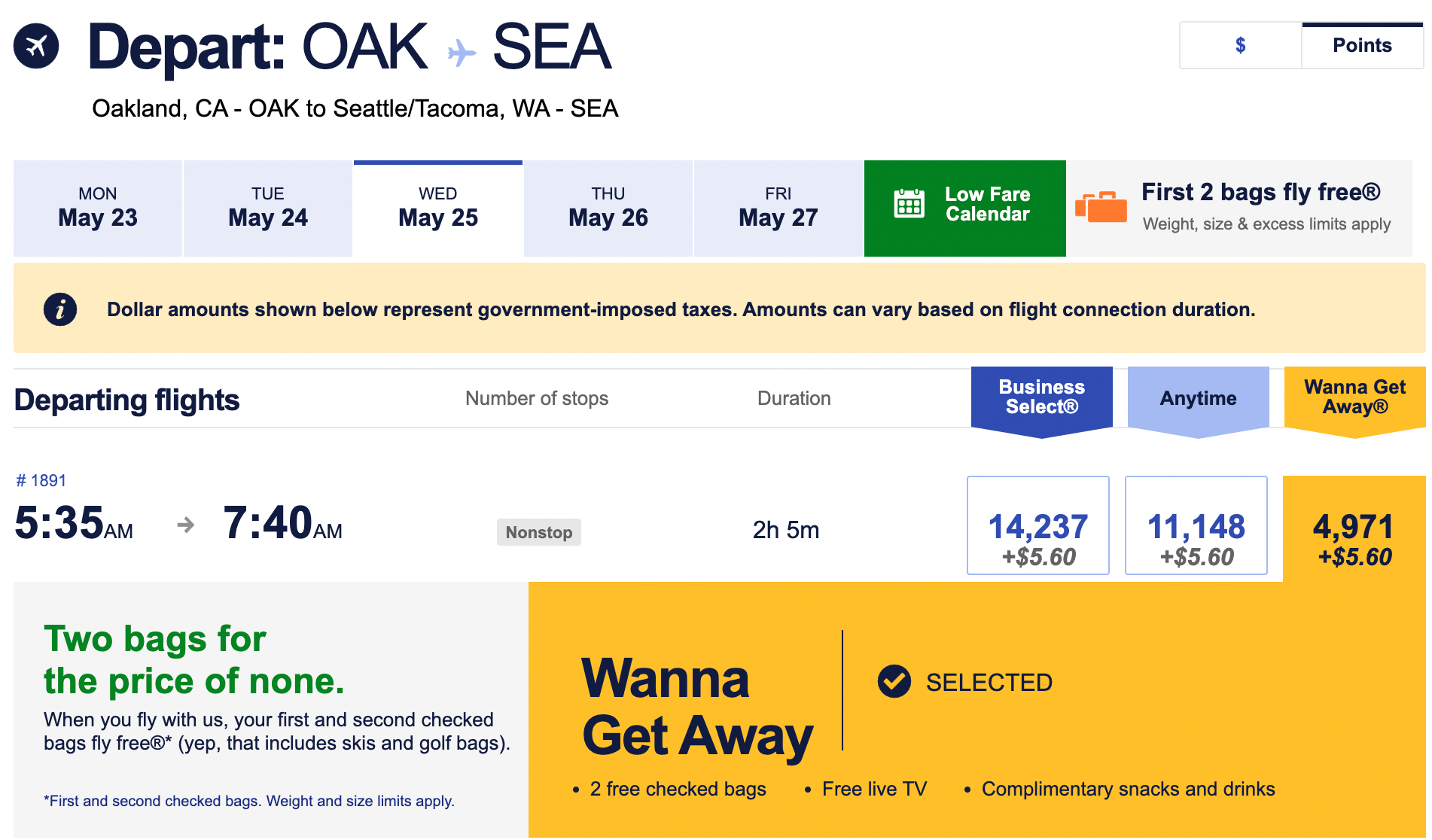Booking a flight from OAK to SEA