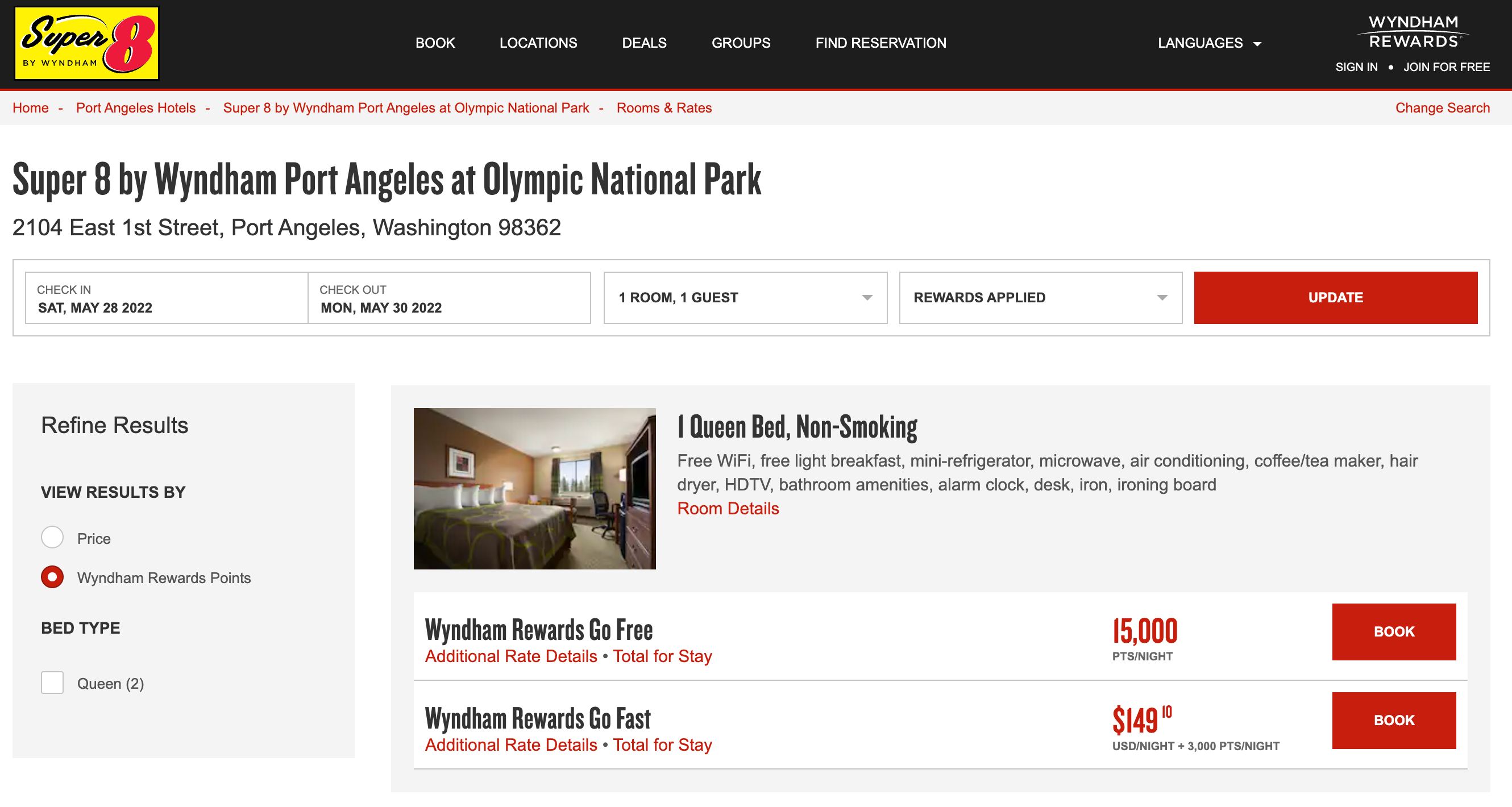 Booking a room at the Super 8 Port Angeles