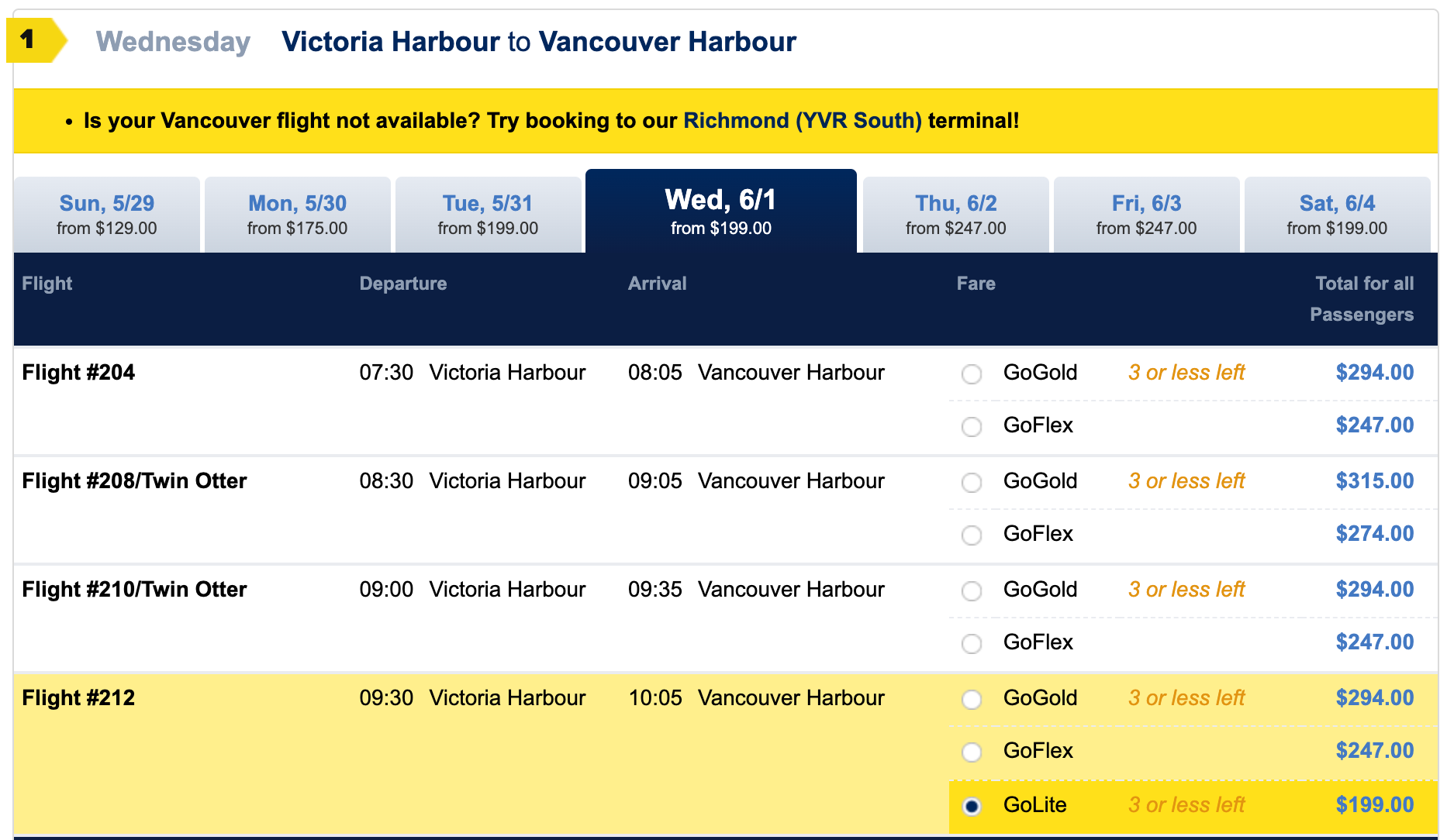 Booking a flight from Victoria Harbour to Vancouver Harbour