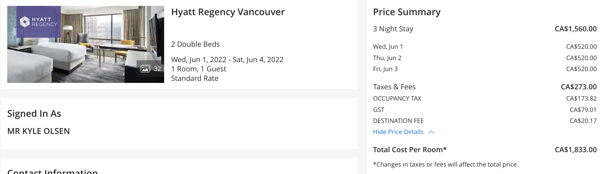 Booking a room at the Hyatt Regency Vancouver