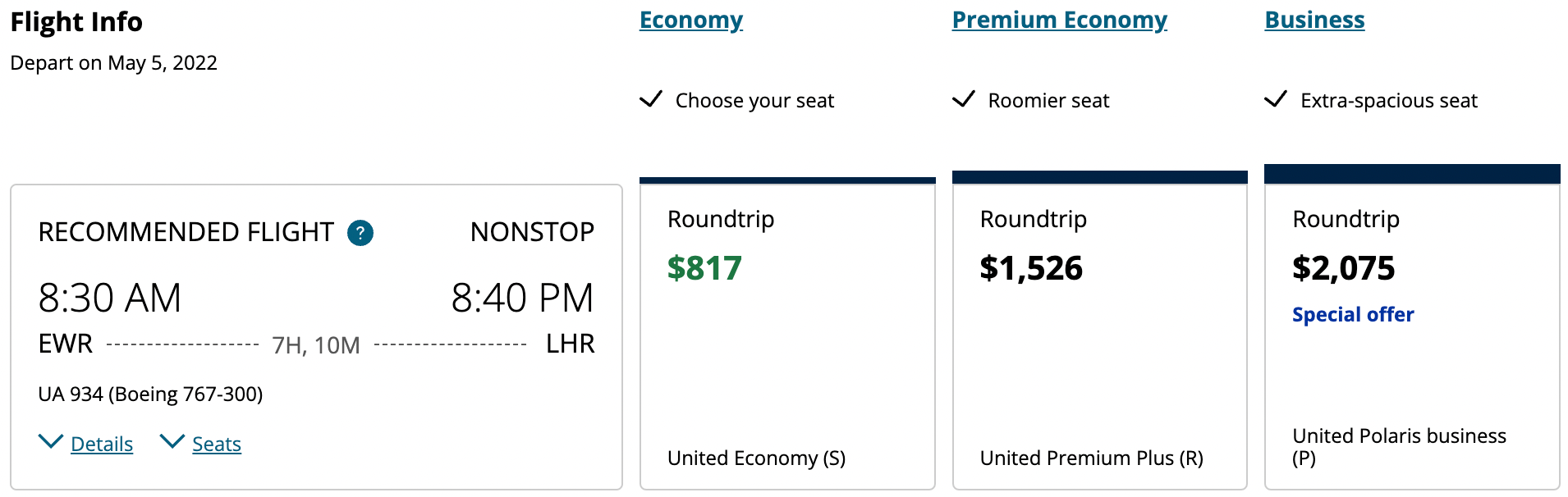London United business class deal