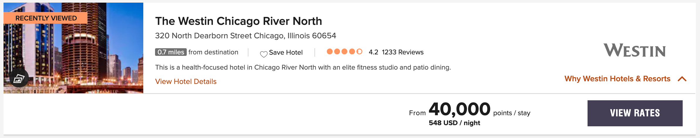 The price of a one-night stay at the Westin Chicago Center North