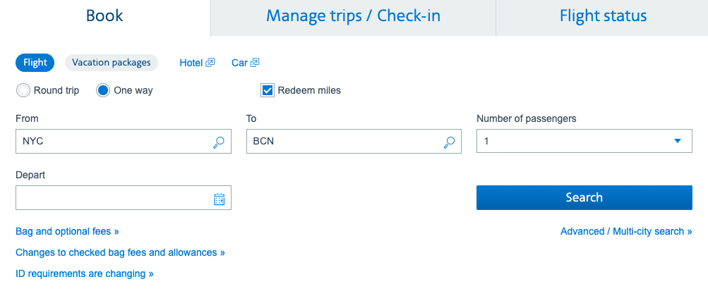 Setting up a search on American Airlines' website