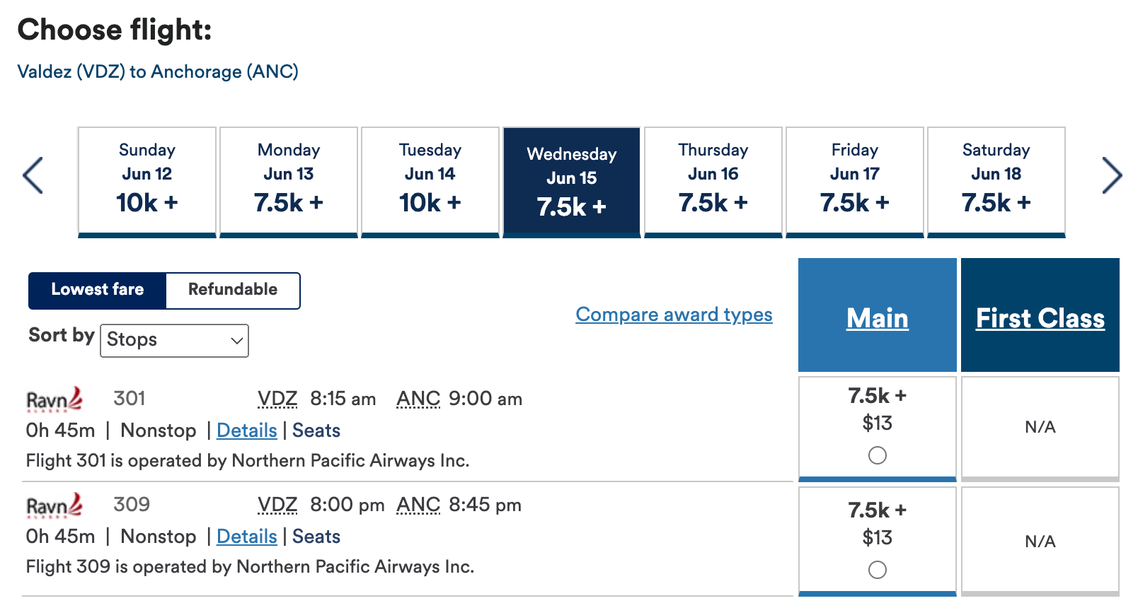VDZ to ANC Alaska Airlines award search