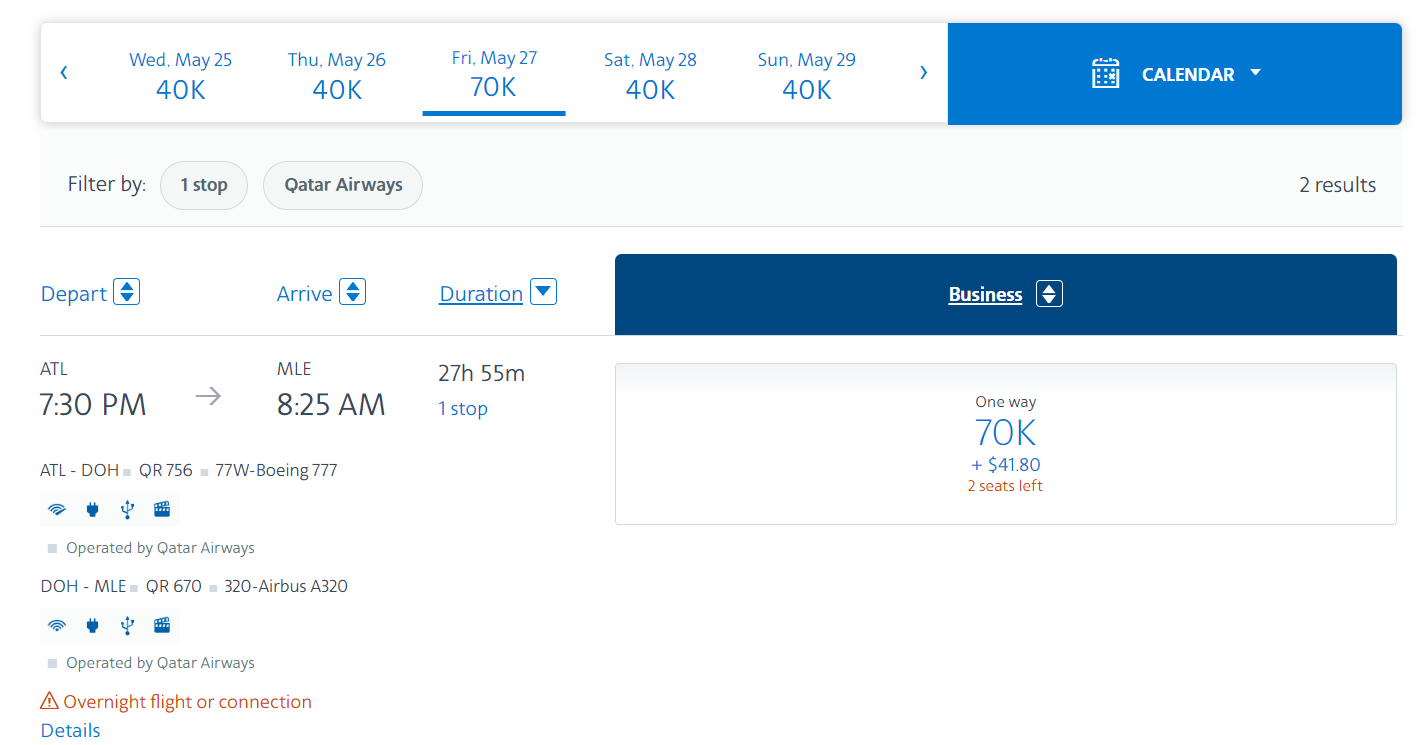 American Airlines award for Qatar-operated flights from Atlanta to Male via Doha.