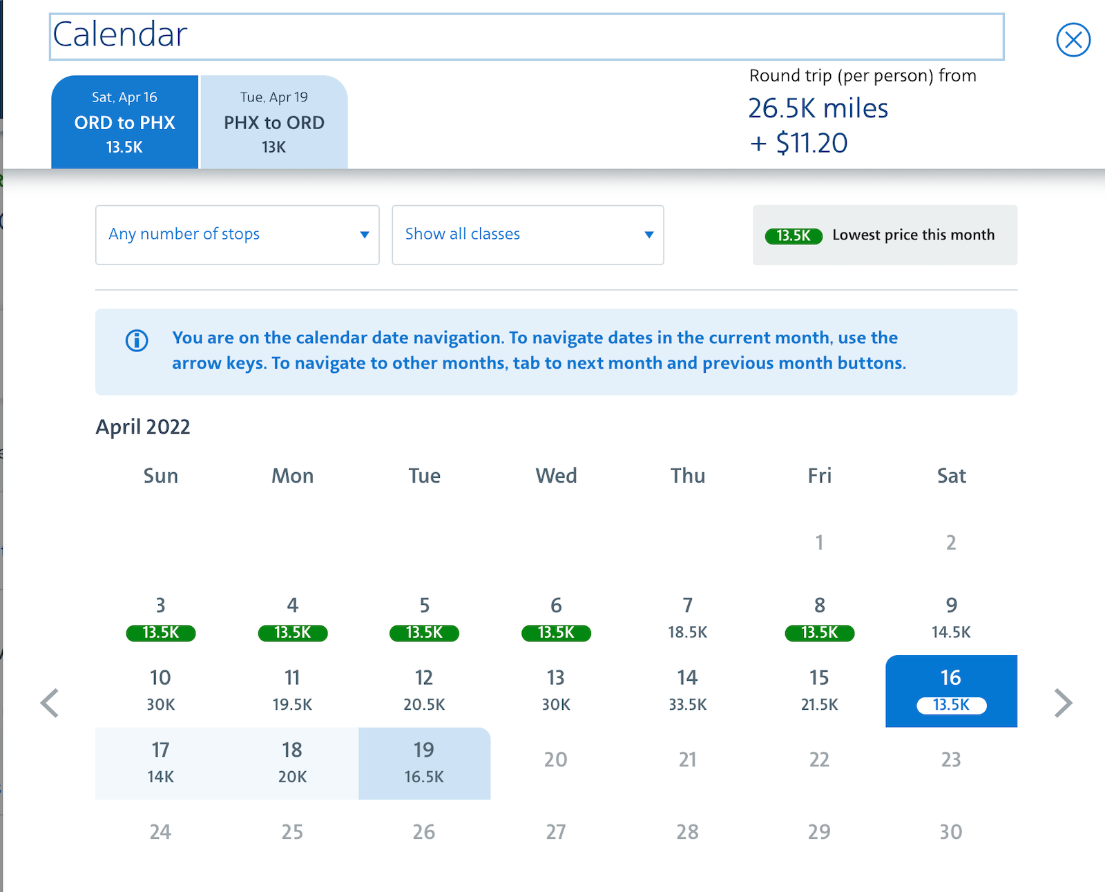 AA awards calendar for a ORD to PHX booking