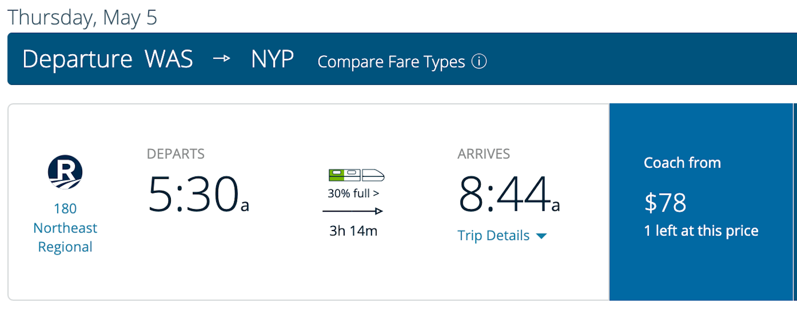 amtrak booking screenshot
