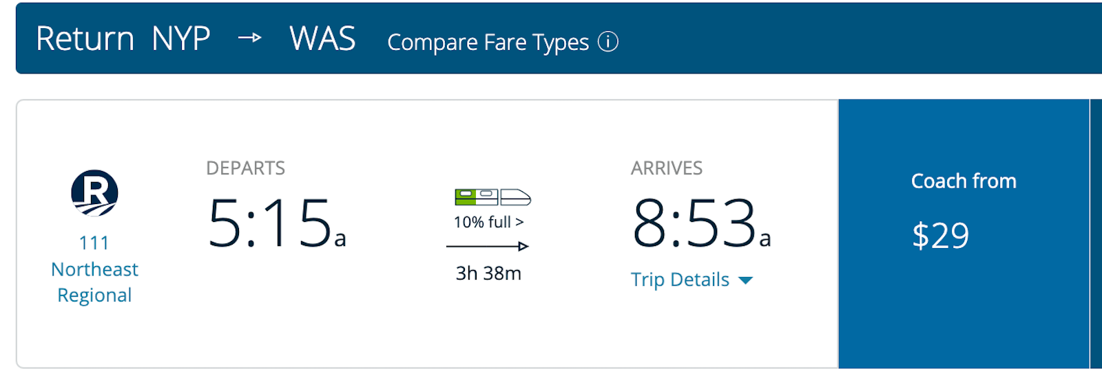 Amtrak booking screenshot