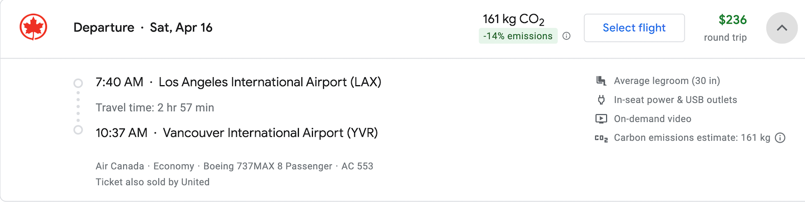 Air Canada booking screenshot