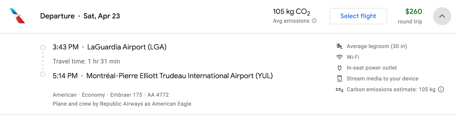 American Airlines booking screenshot