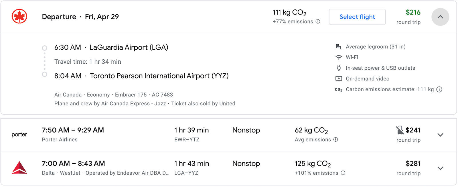 Air Canada booking screenshot