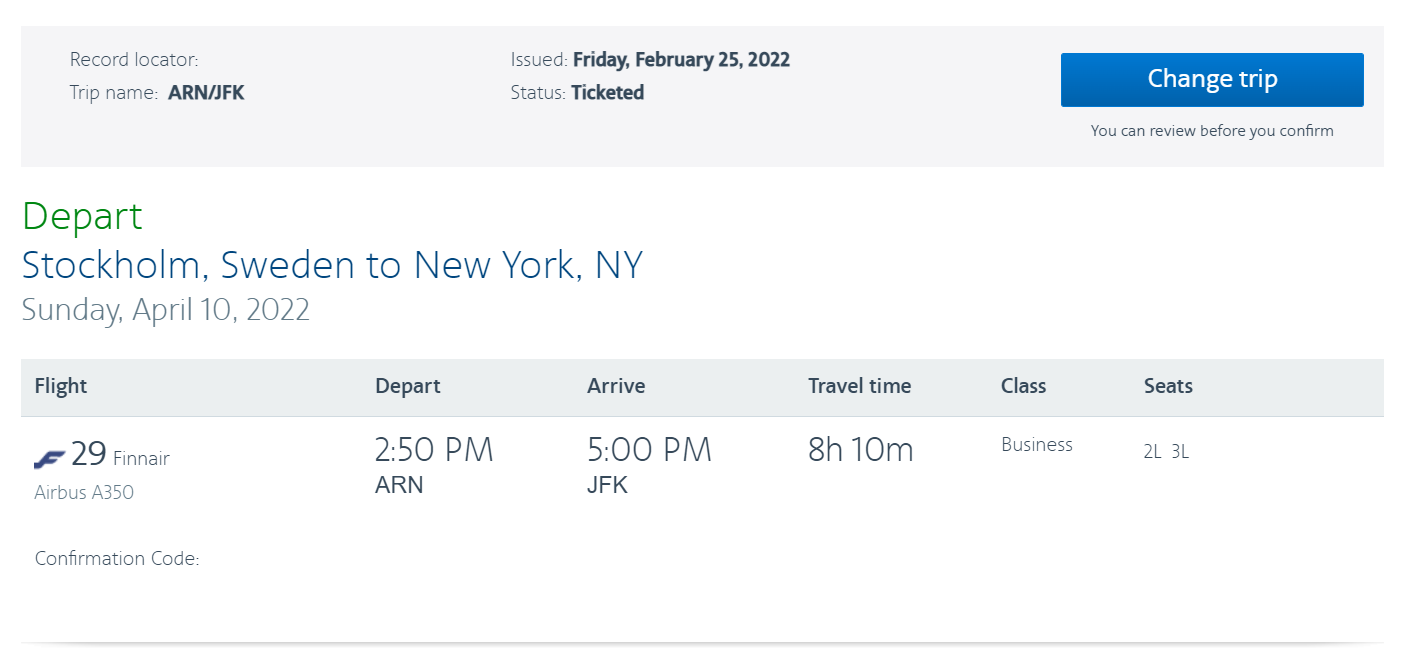 Finnair business class award booking