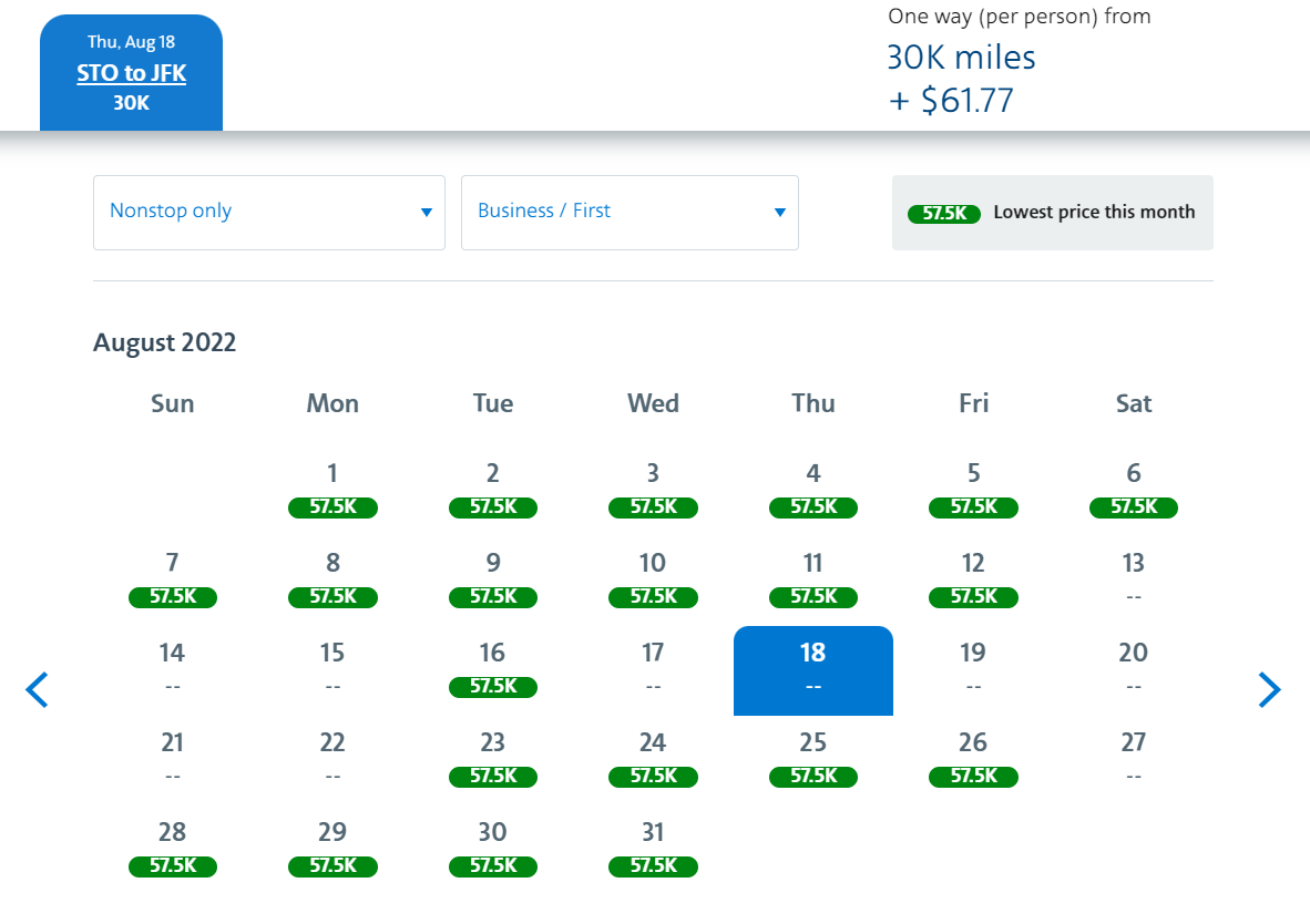 Business class non-stop awards from Stockholm to New York
