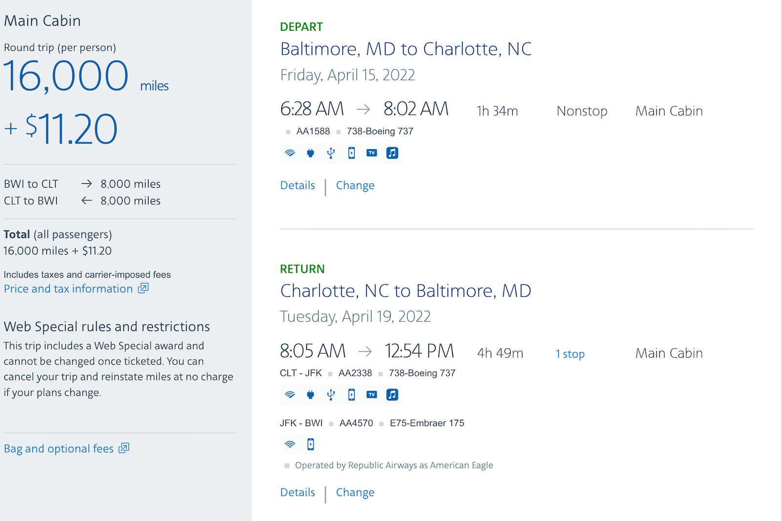 Screenshot of American Airlines booking page