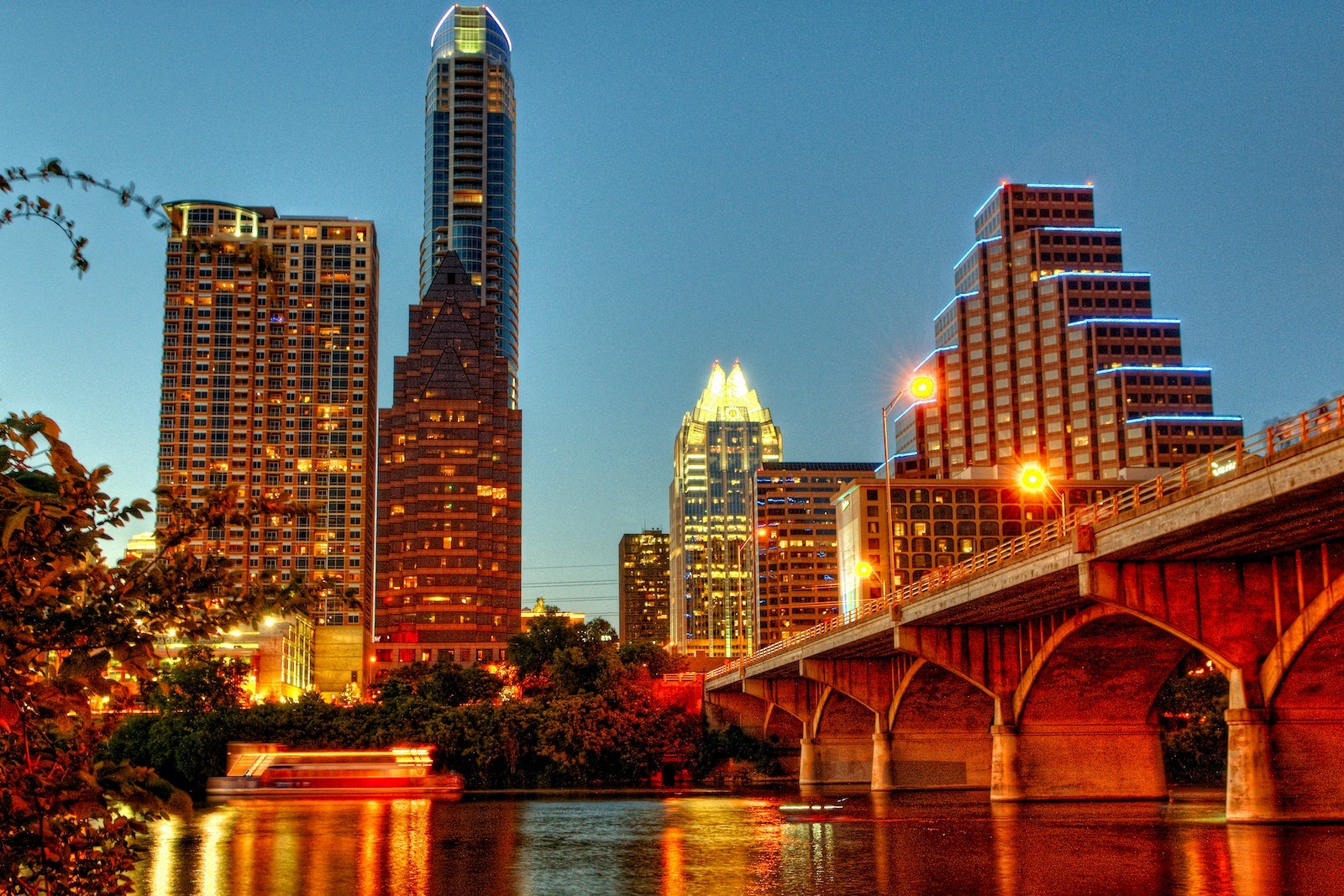 Austin, Texas skyline from river at night