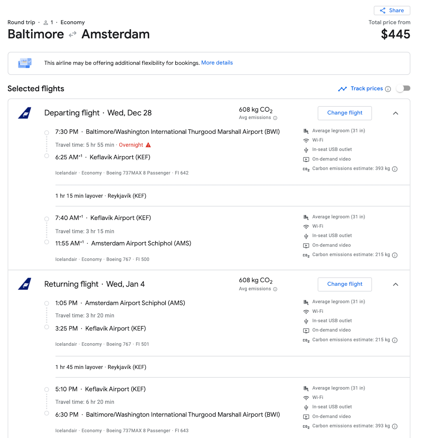 screenshot of Google Flights BWI to AMS booking