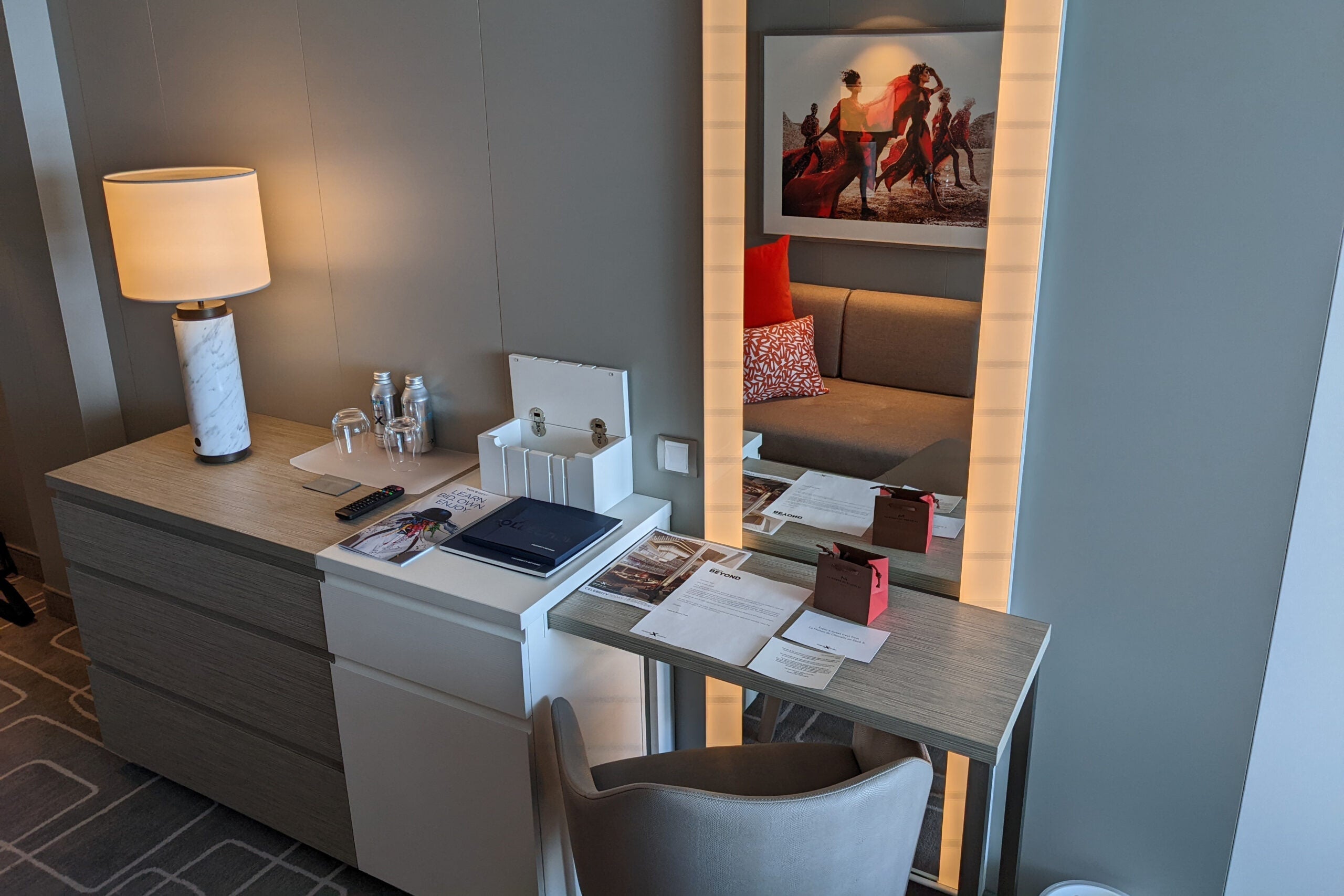 Bureau and desk in an AquaClass cabin on Celebrity Beyond