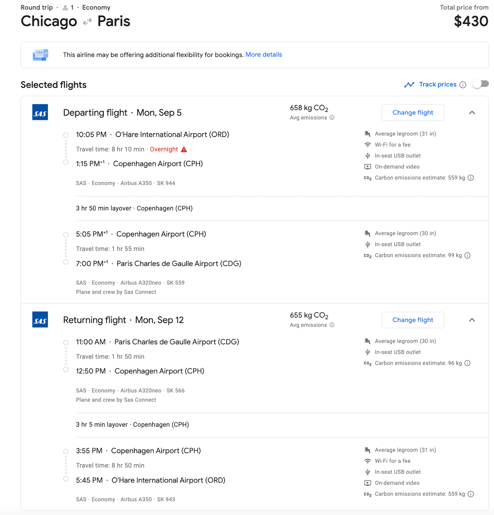 ORD to CDG booking screenshot