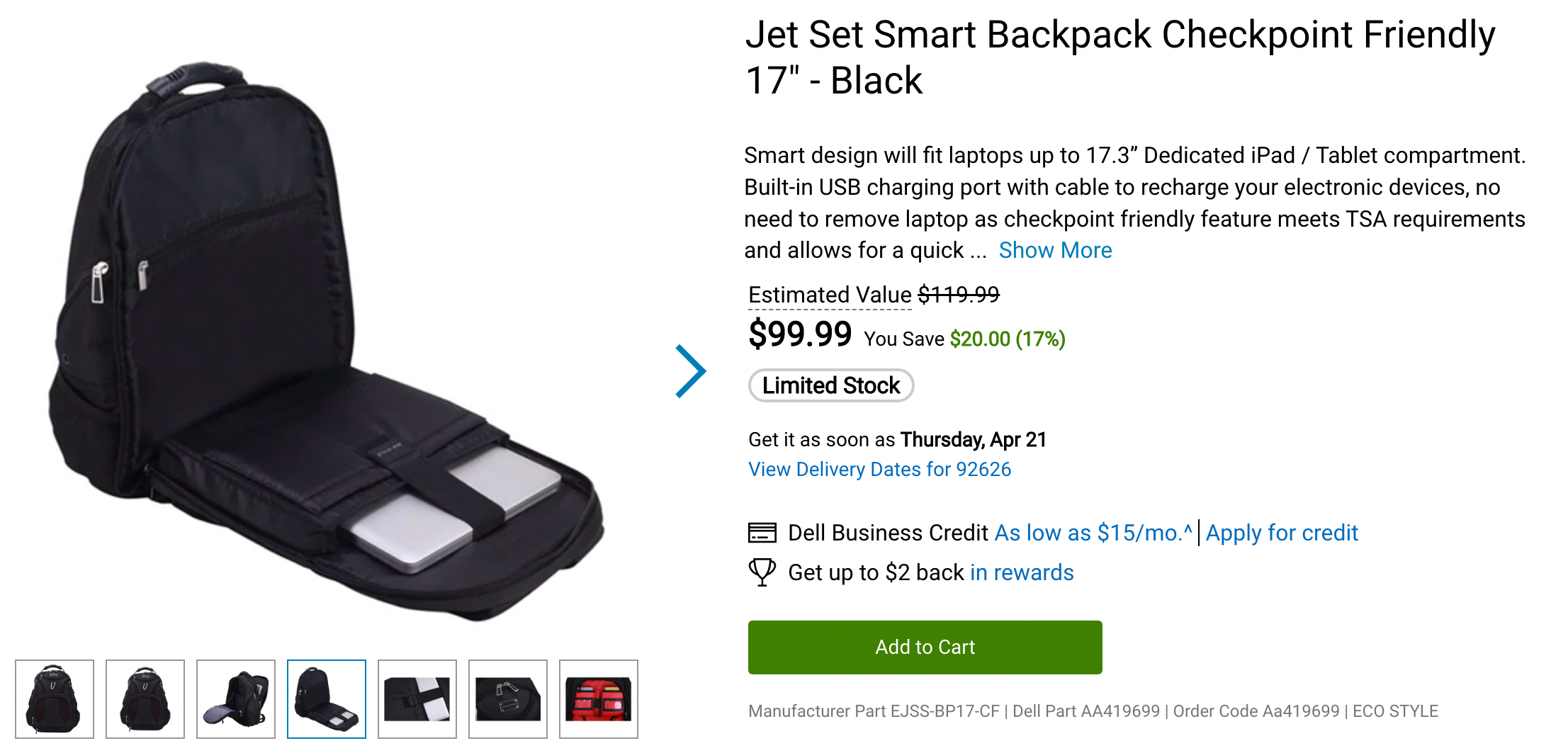 screenshot of a laptop-carrying backpack for sale on Dell.com