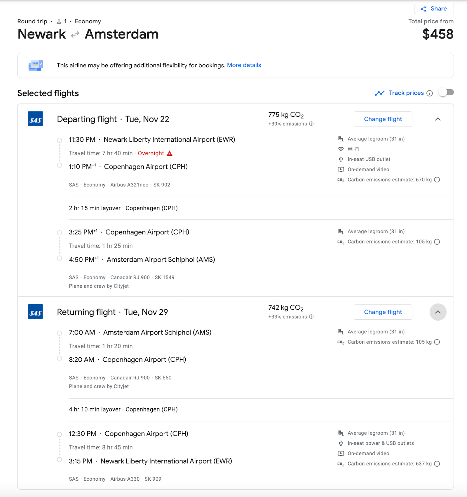 screenshot of Google Flights EWR to AMS booking