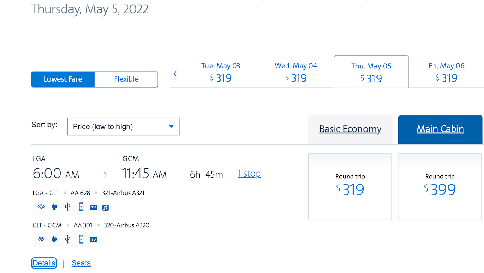 american airlines LGA to GCM booking screenshot