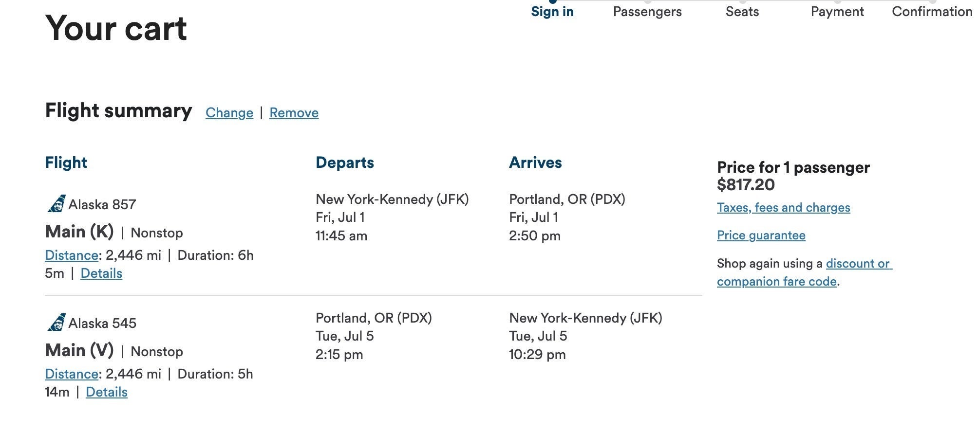 pricing for 2 passengers on an Alaska Airlines flight reservation