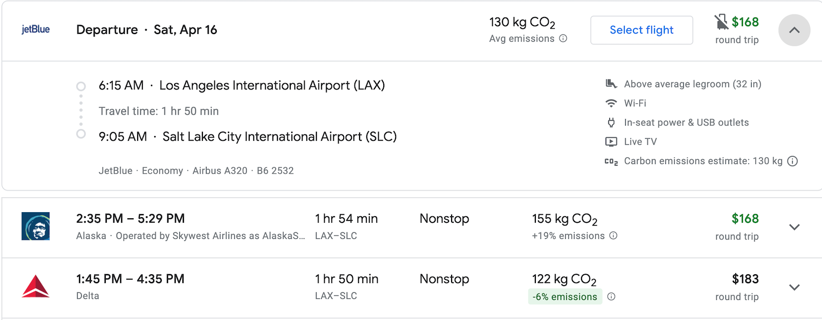 Google flights to SLC booking screenshot