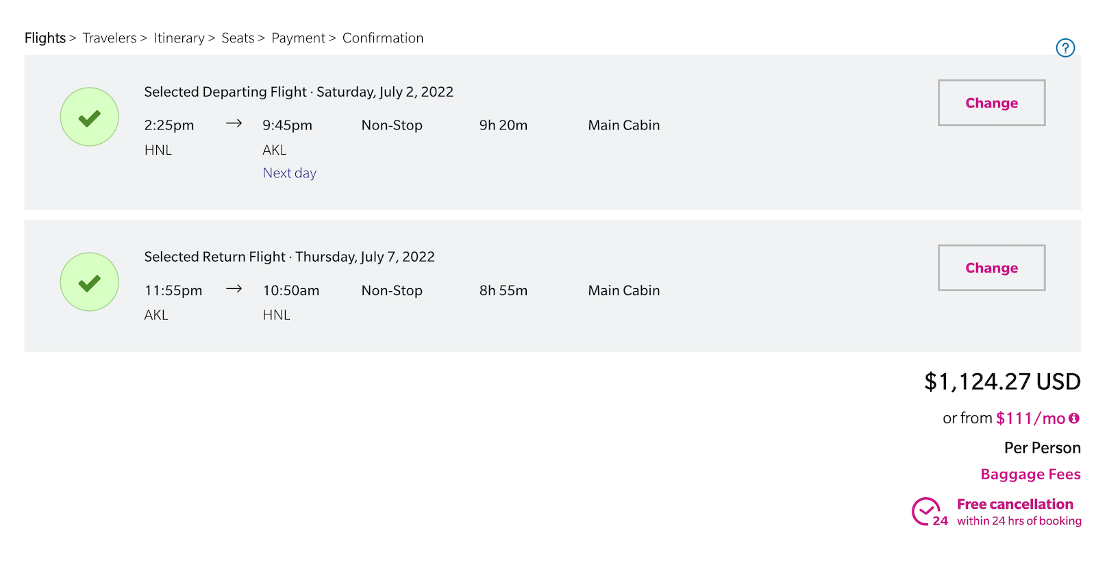 Hawaiian Airlines HNL to AKL booking screenshot