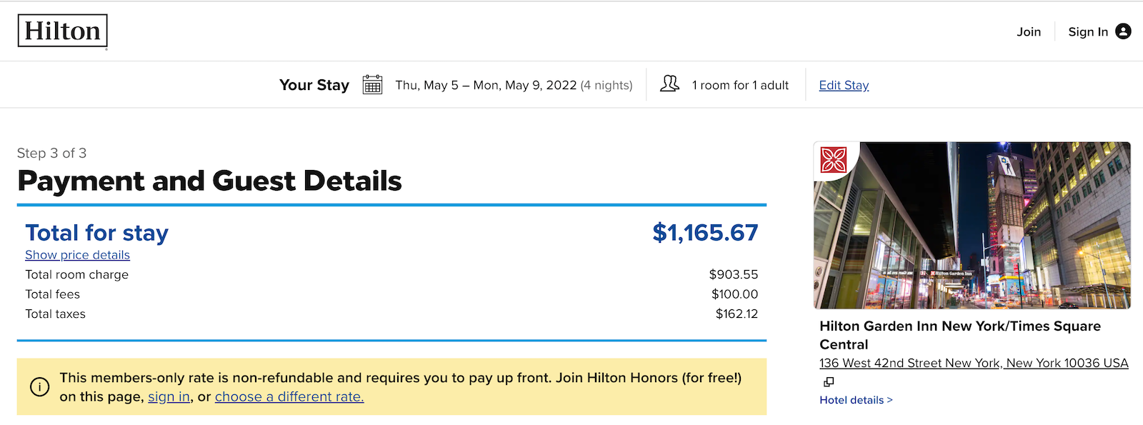 Hilton booking screenshot