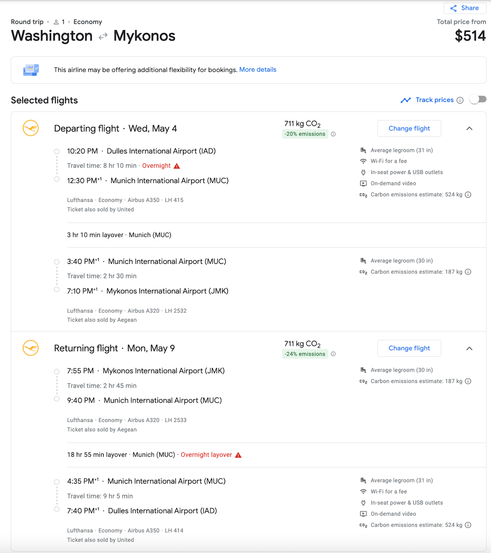 IAD to Greek islands booking screenshot