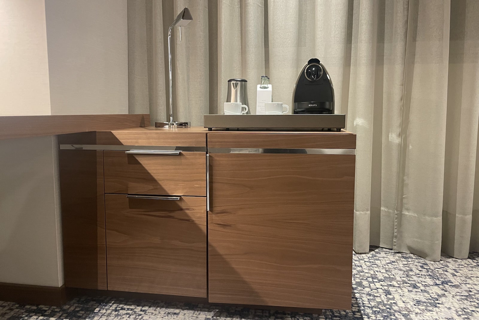 hotel mini bar with coffee maker