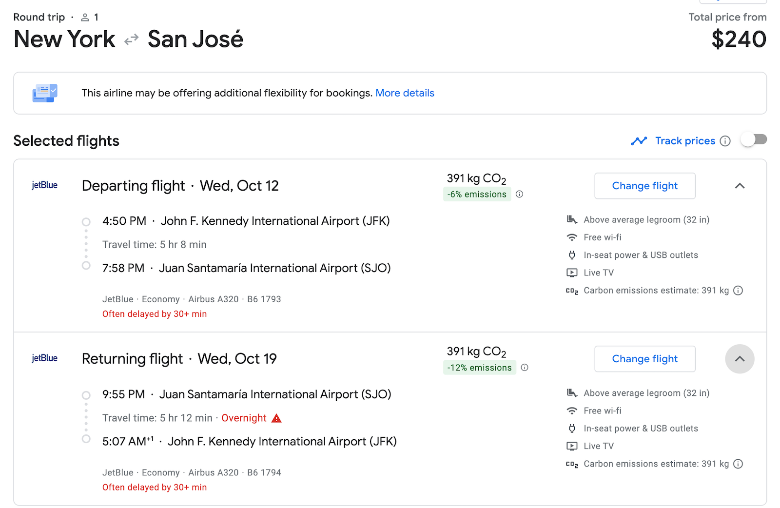 JetBlue JFK to SJO screenshot