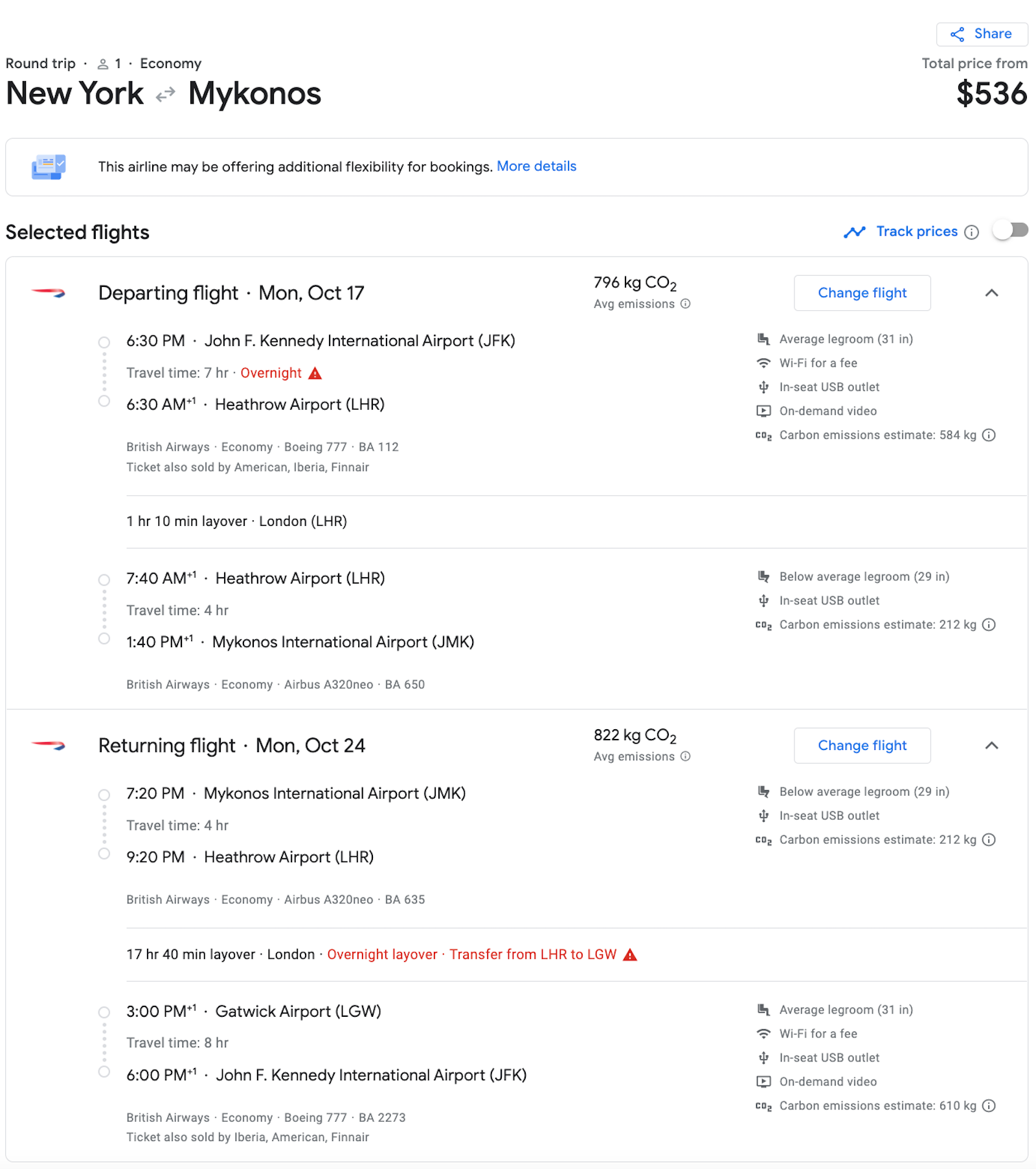 British Airways booking screenshot