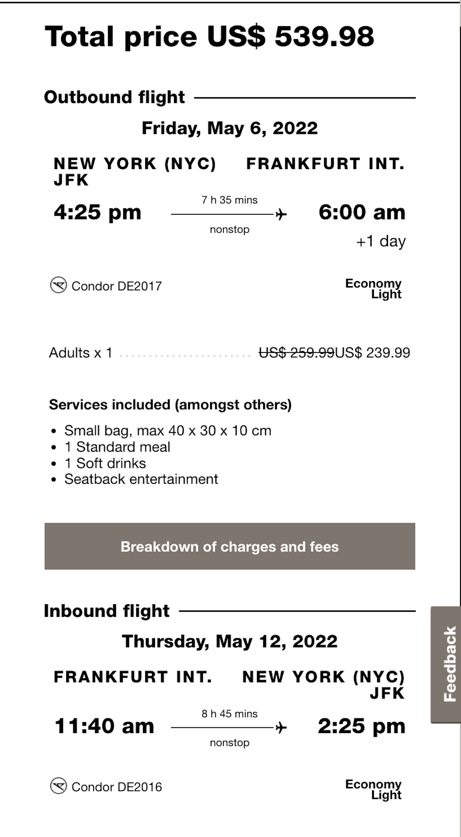 Condor booking screenshot