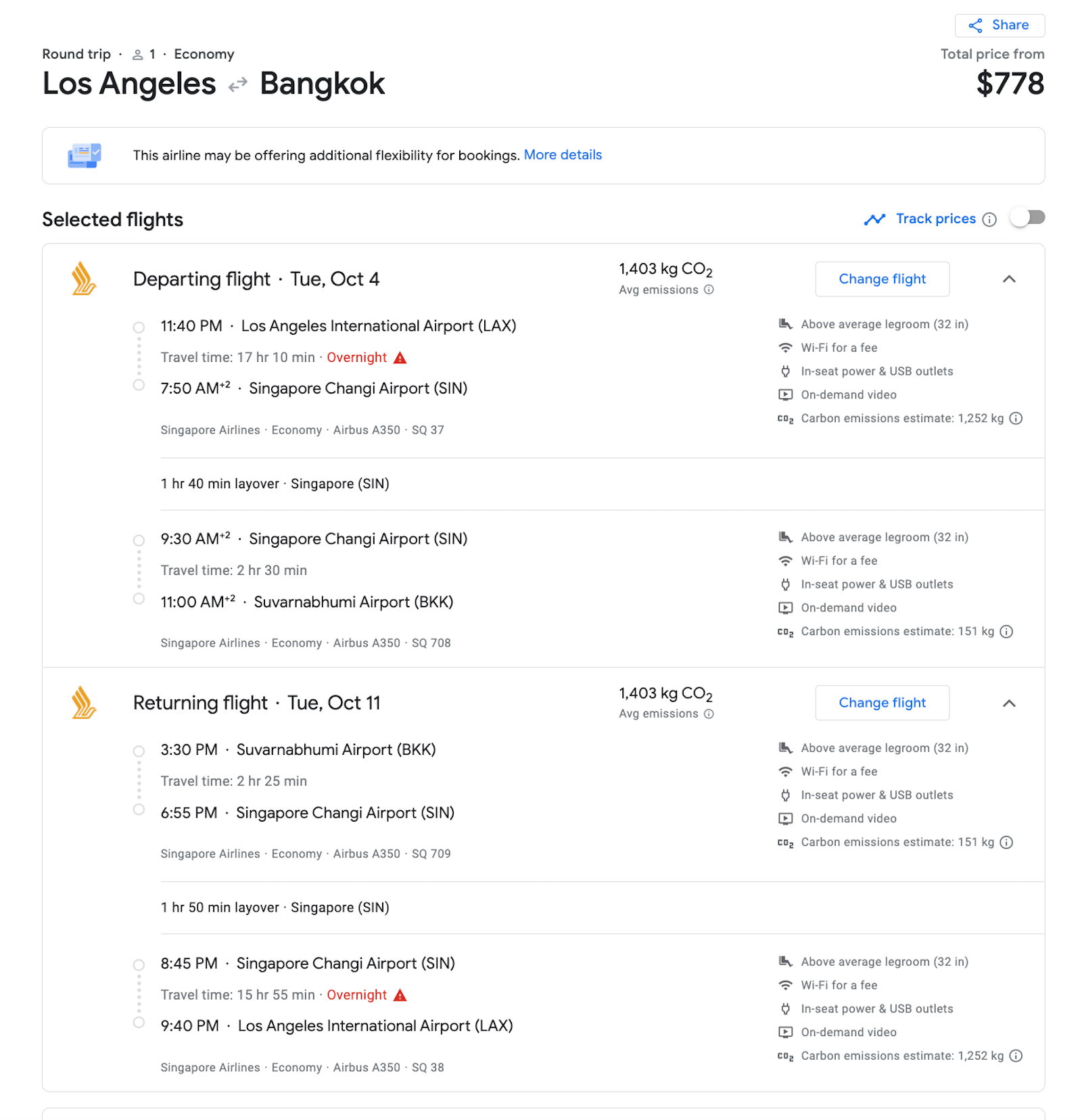 LAX to BKK booking screenshot